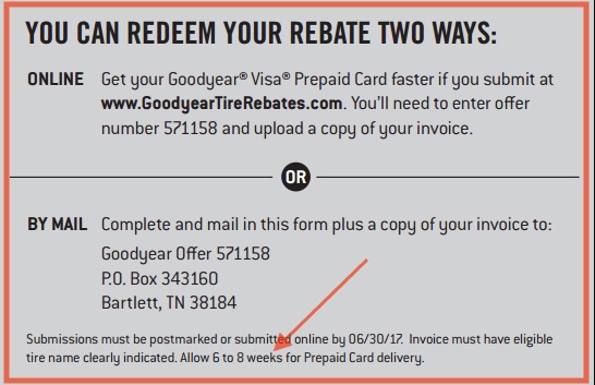 Goodyear Tire rebate offer with advertising disclaimer highlighted