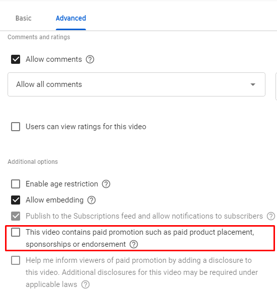 YouTube Dashboard Advanced settings: Paid Product Placement box highlighted