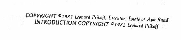 Copyright notice showing executor of Ayn Rand's estate as owner