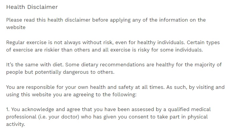Sports Fitness Advisor health disclaimer excerpt